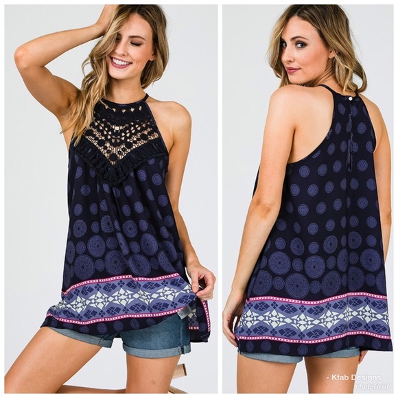 Tops - 💗Navy Crochet/Lace Halter Style Tunic!